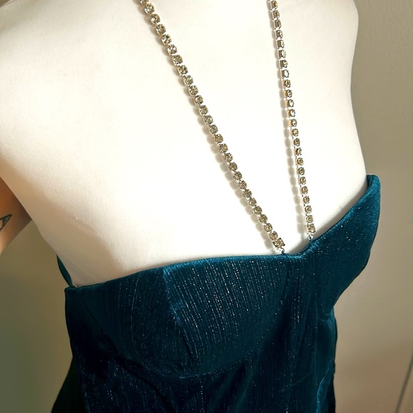 New Main Strip Rhinestone Halter Strapless Sweetheart Neck Teal Velvet Jumpsuit - Picture 3 of 16